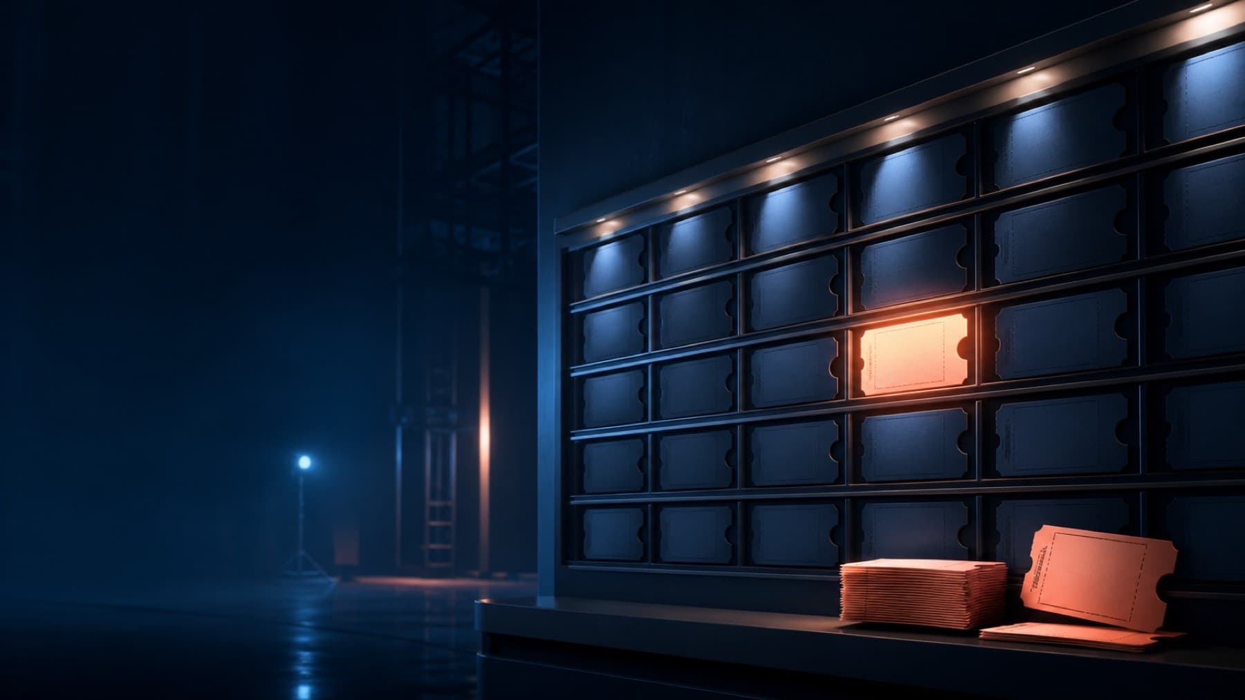 A dark studio soundstage doorway lit in blue with a warm coral light